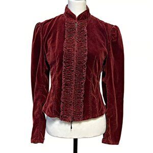 Express Velvet Ruffle Corset-Fitted Double-Zip Jacket - Merlot/Burgundy - XS/0